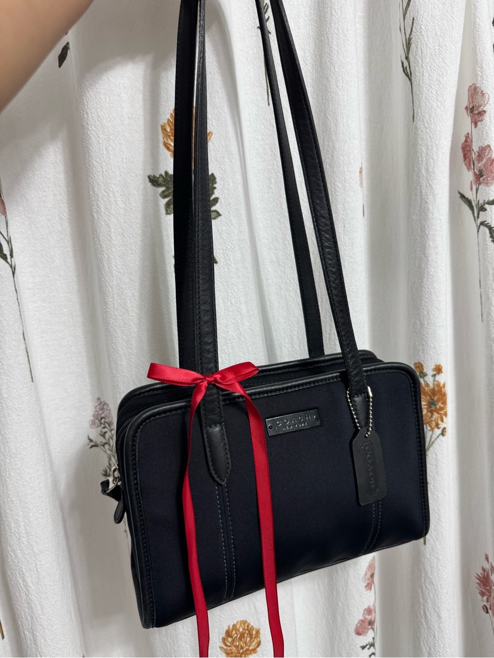 Coach Black Shoulder Bag with Red Ribbon Accent